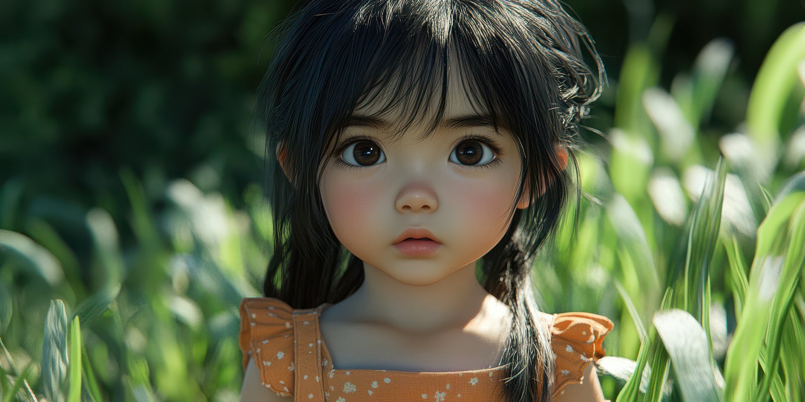 Young child with big eyes and dark hair standing in lush green grass on a bright sunny day